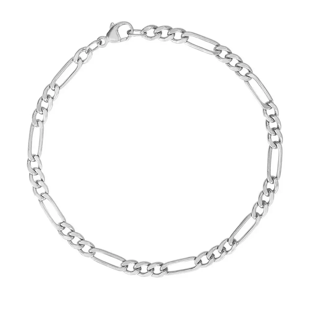 NEW Rhodium Plated 925 Sterling Silver‎ Figaro Chain Bracelet, 8”